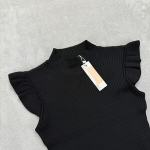 C.D.M Collection Shirt Women's XL Black‎ Ribbed Mock Neck Ruffle Sleeveless Top